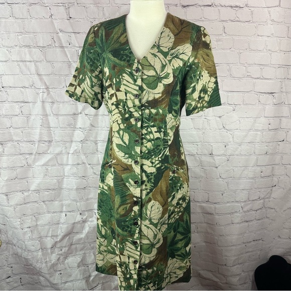 carrie hutton 100% linen button front Sheath Dress sz 10 tropical jungle print - Picture 1 of 9